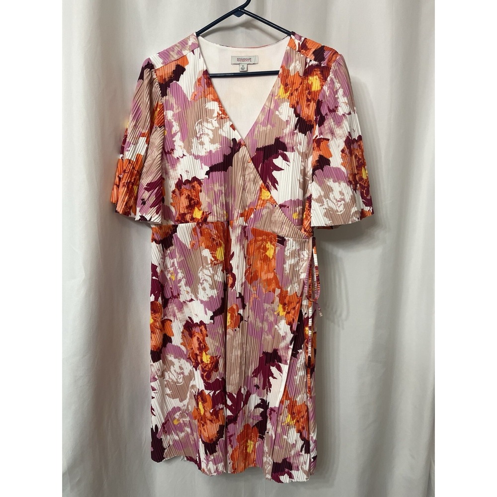 Destination Maternity XL‎ Floral Pleated Wrap Dress Orange Purple Short Sleeve